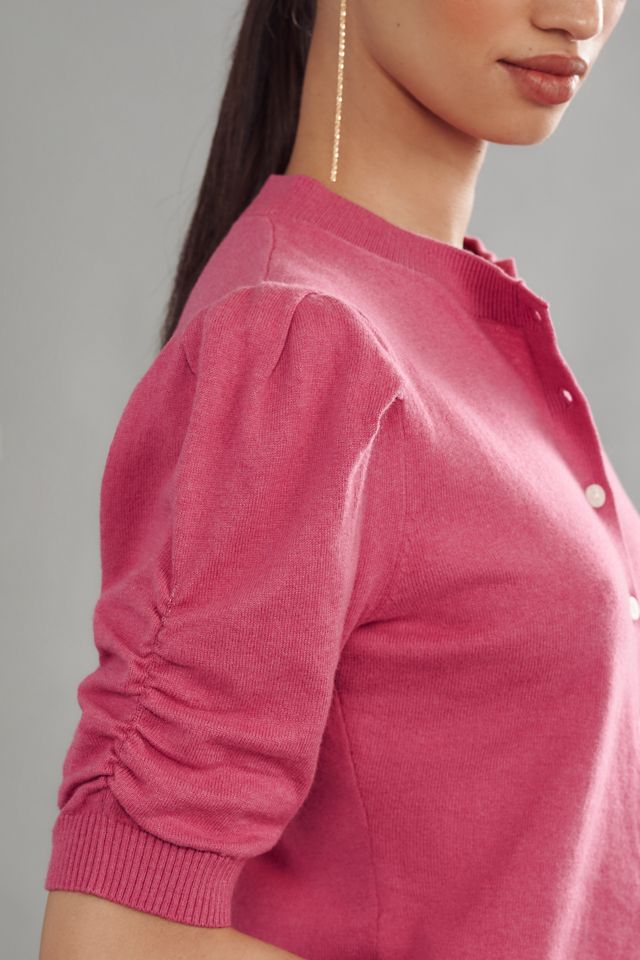 By Anthropologie Cotton Cashmere Puff-Sleeve Crew-Neck Cardigan Sweater #2