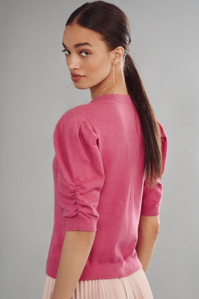 By Anthropologie Cotton Cashmere Puff-Sleeve Crew-Neck Cardigan Sweater #3