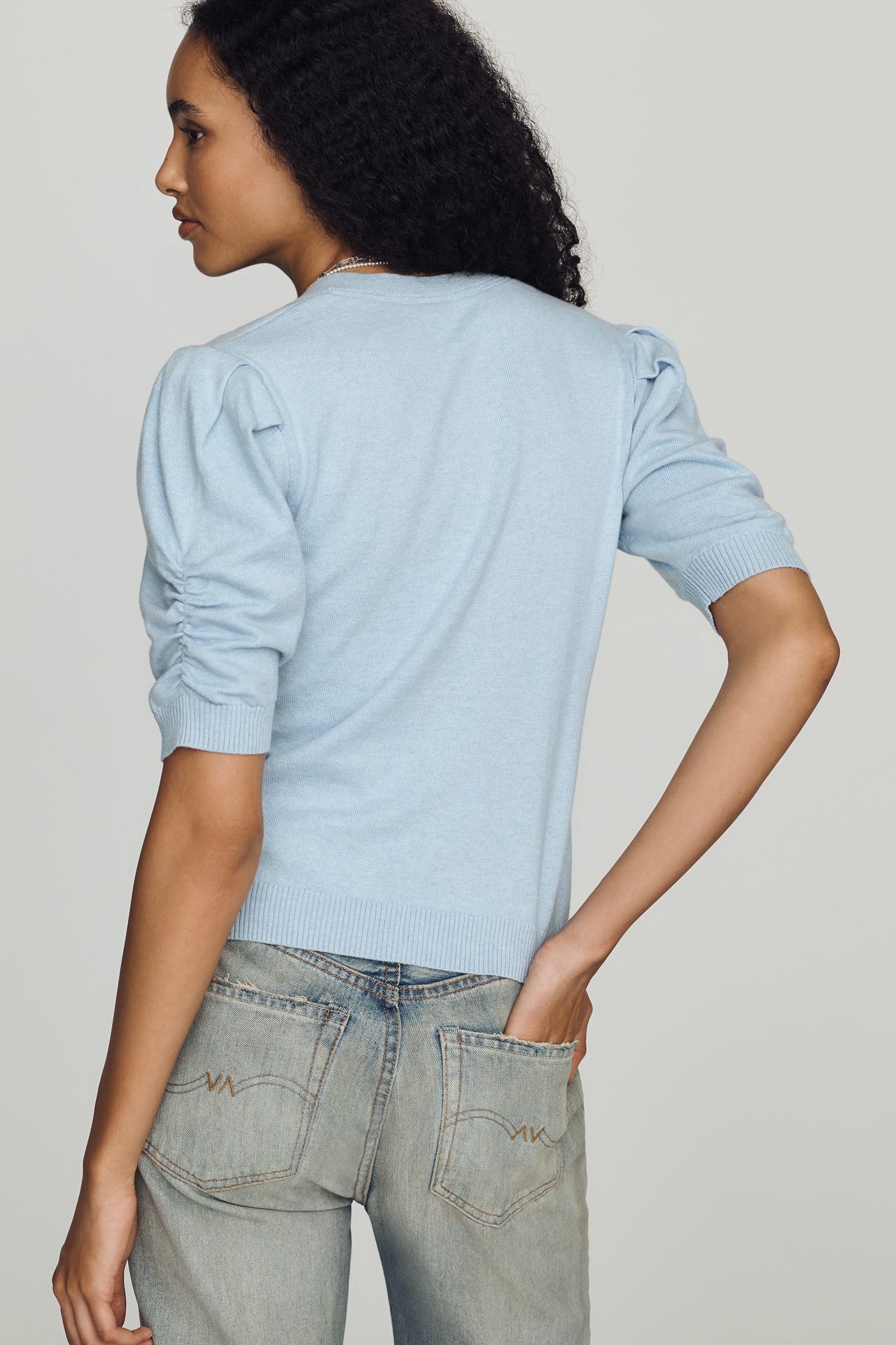 By Anthropologie Cotton Cashmere Puff-Sleeve Crew-Neck Cardigan Sweater