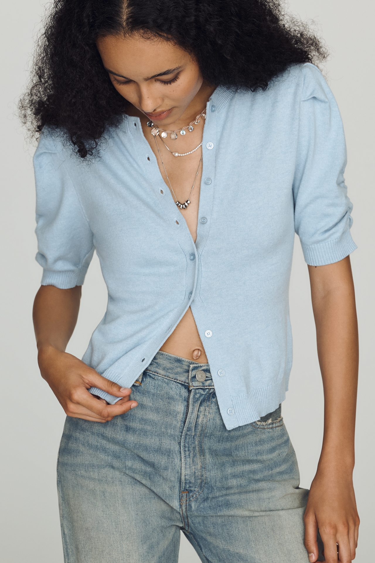 By Anthropologie Cotton Cashmere Puff-Sleeve Crew-Neck Cardigan Sweater
