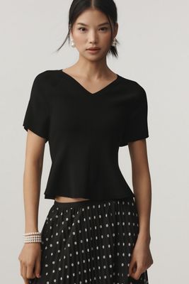 Maeve Short-Sleeve High-Neck Hourglass Ruffle Sweater