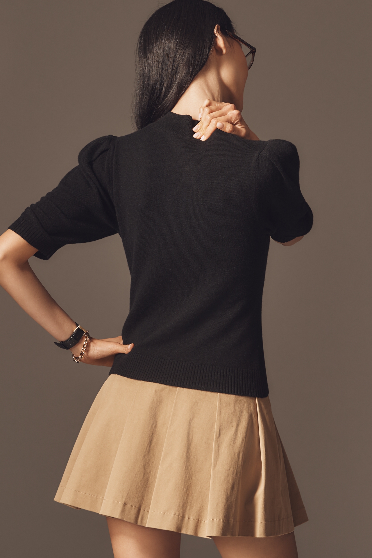 By Anthropologie Wool Cashmere Puff-Sleeve Mock-Neck Sweater