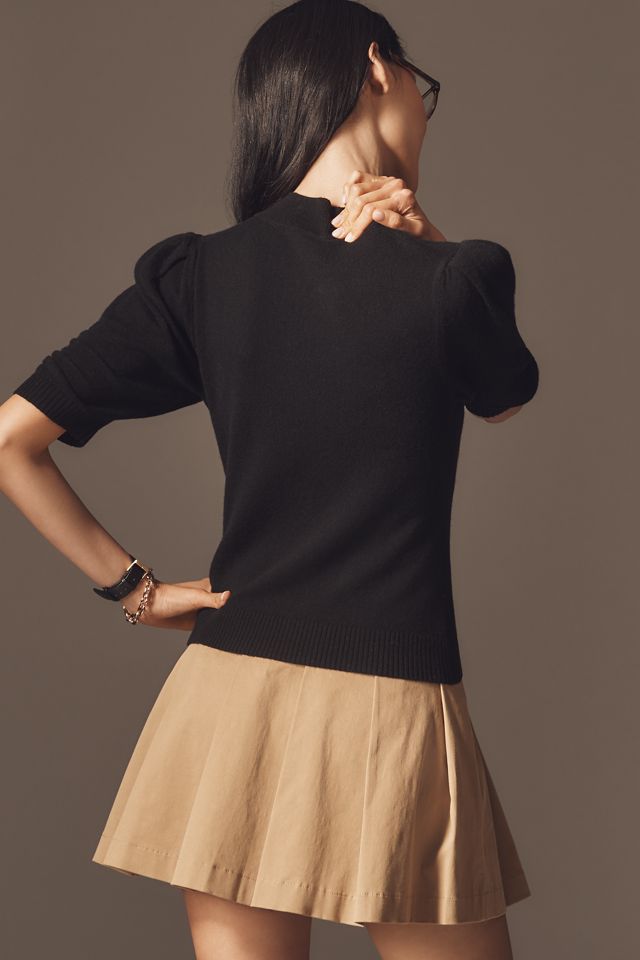 By Anthropologie Wool Cashmere Puff-Sleeve Mock-Neck Sweater