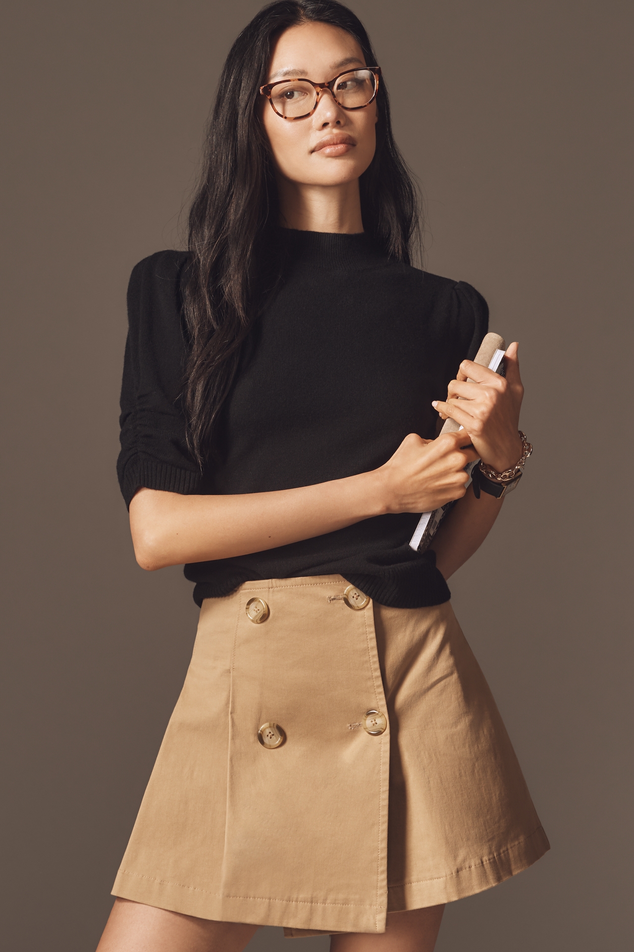 By Anthropologie Wool Cashmere Puff-Sleeve Mock-Neck Sweater