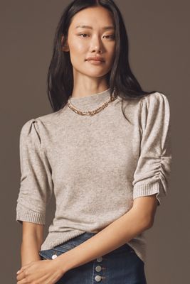By Anthropologie Wool Cashmere Puff-Sleeve Mock-Neck Sweater