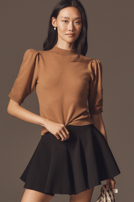 By Anthropologie Wool Cashmere Puff-sleeve Mock-neck Sweater In Sand