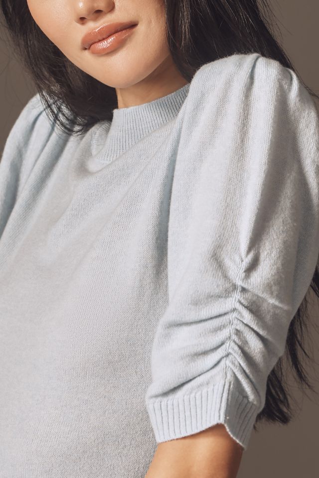 By Anthropologie Wool Cashmere Puff-Sleeve Mock-Neck Sweater