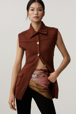 Maeve Sleeveless Crewneck Structured Muscle Cardigan In Brown