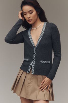 Maeve Contrast-trim Cashmere Cardigan Sweater In Gray