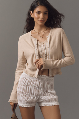 By Anthropologie Lace-trim Cardigan Sweater In Sand