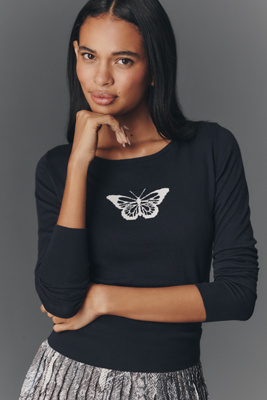 By Anthropologie Scoop-neck Butterfly Icon Sweater In Black