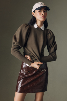 Maeve Puff-shoulder Ribbed Sweater In Green
