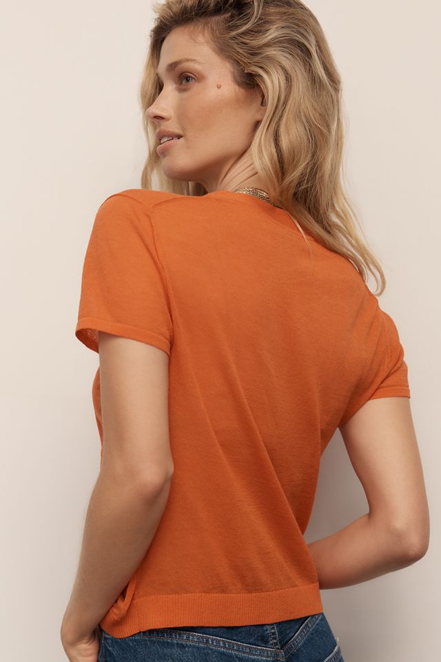 Maeve Short-Sleeve Sheer Ruched Cardigan Sweater #1