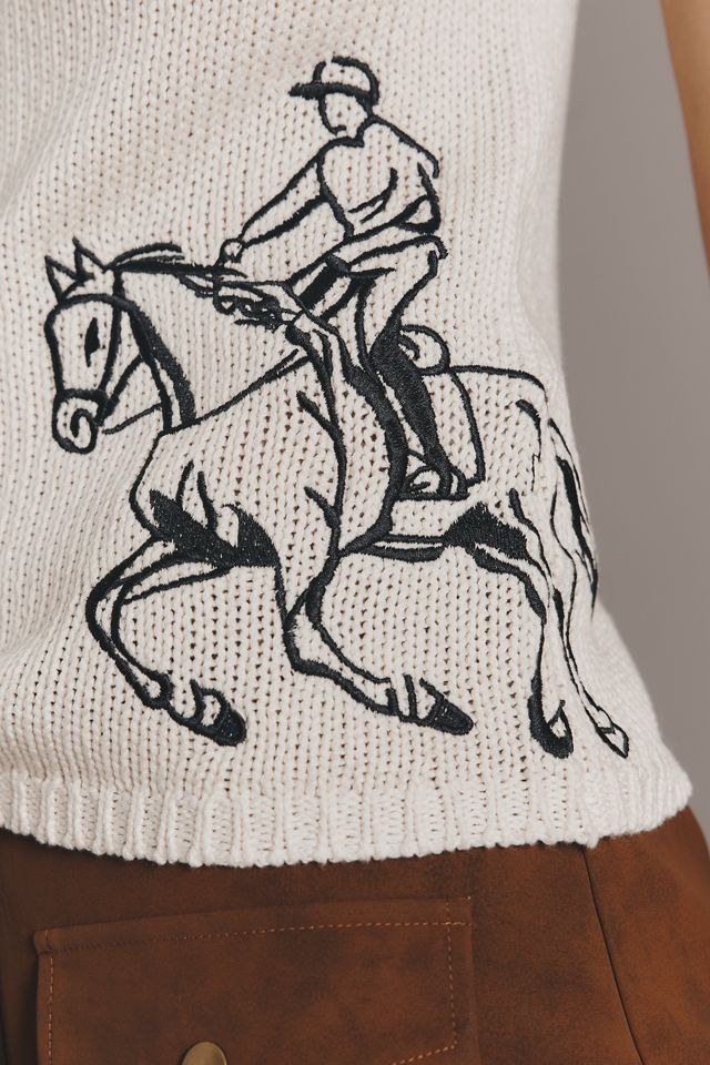 Maeve Equestrian Embroidered Mock-Neck Short-Sleeve Sweater #2