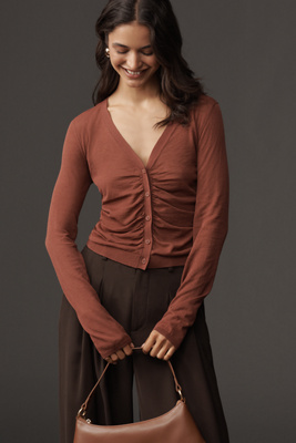 Maeve Ruched Crop Cardigan Sweater In Brown