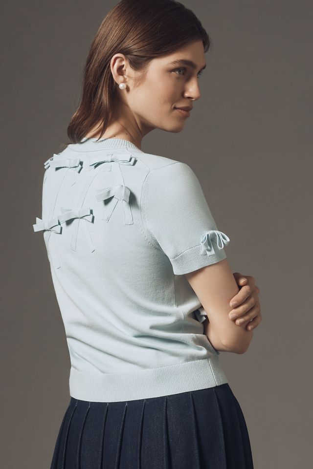 Maeve Short-Sleeve Bow Appliqué Cardigan Sweater #3
