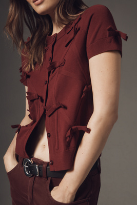 Maeve Short-sleeve Bow Appliqué Cardigan Sweater In Red