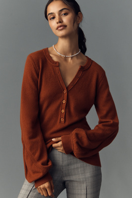By Anthropologie Cashmere Blend Fitted Henley Sweater In Brown