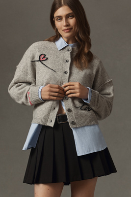 By Anthropologie Embroidered Heart Crew-Neck Cardigan Sweater