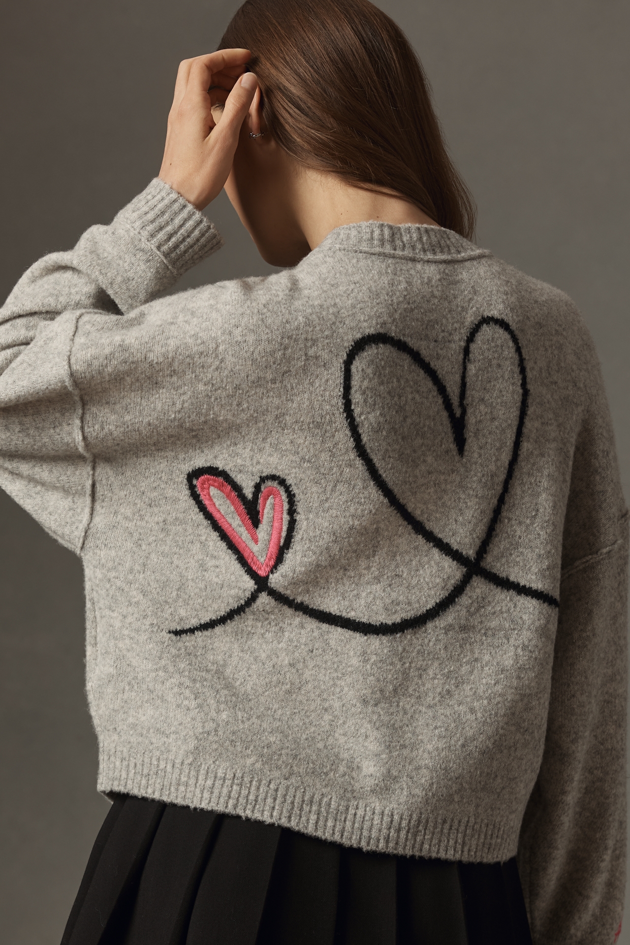 By Anthropologie Embroidered Heart Crew-Neck Cardigan Sweater