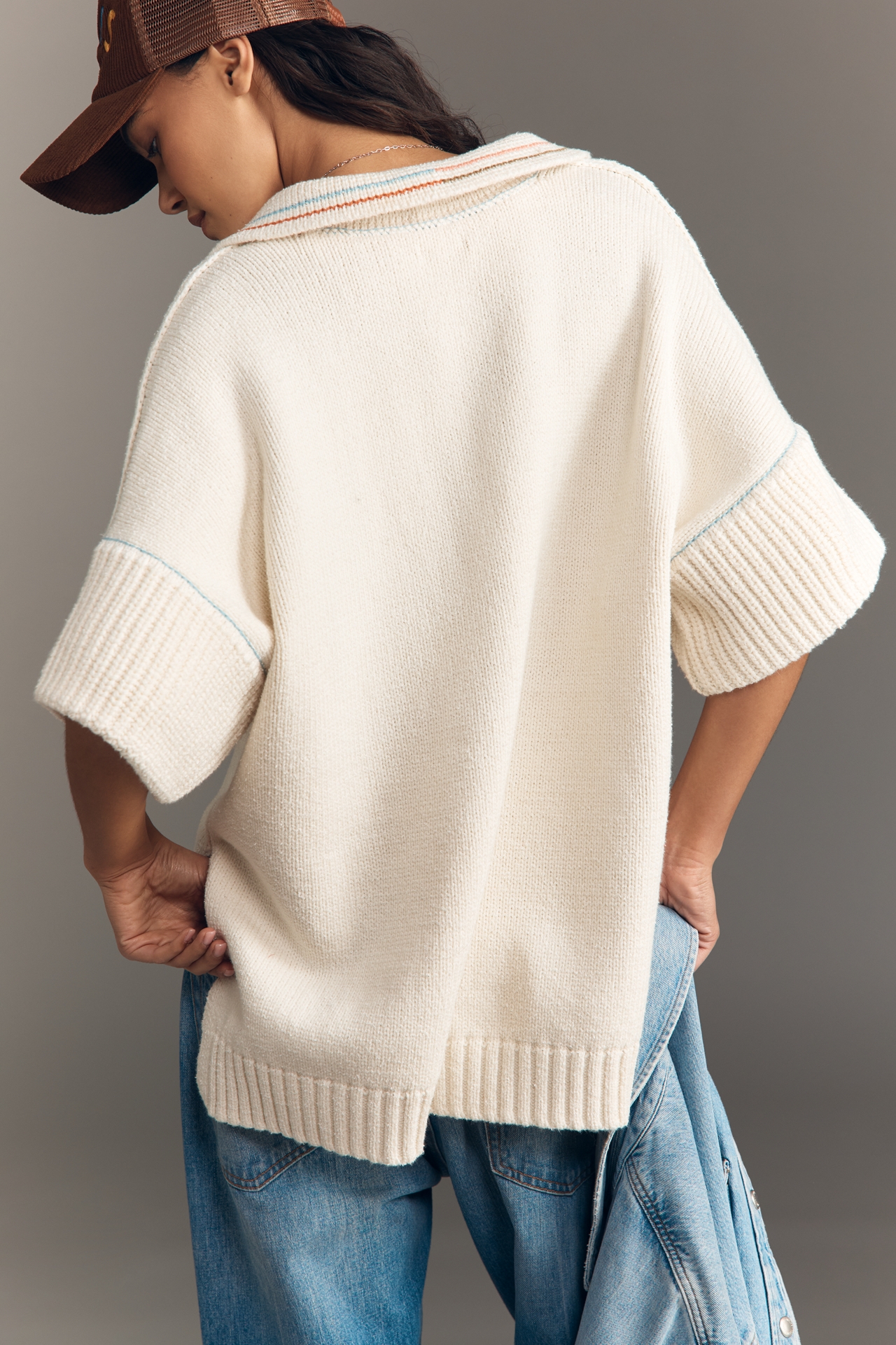 Pilcro Half-Sleeve Collared V-Neck Popover Top