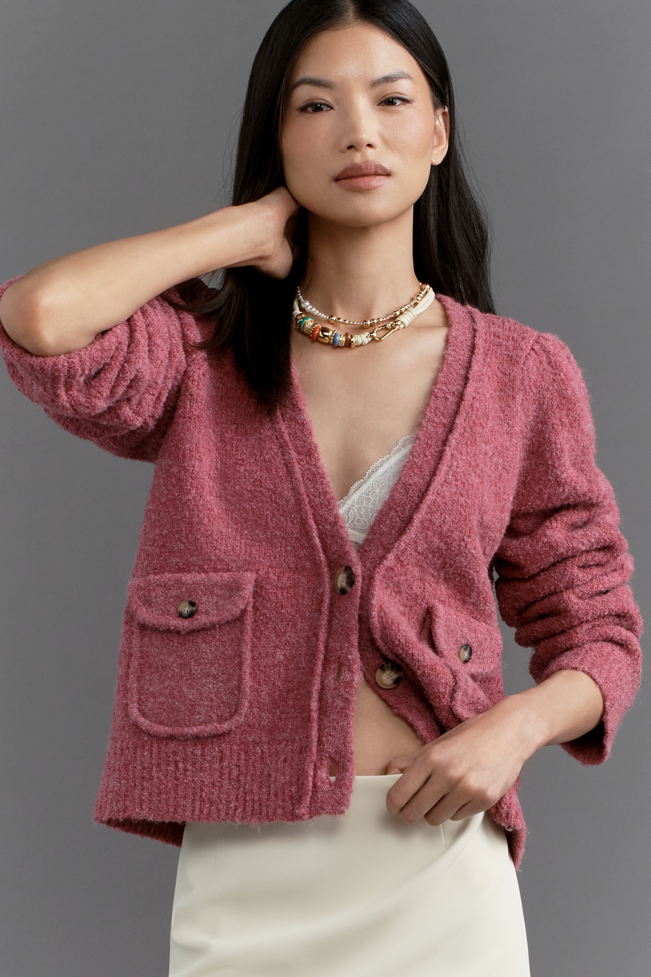 Maeve Long-Sleeve V-Neck Structured Cardigan Sweater