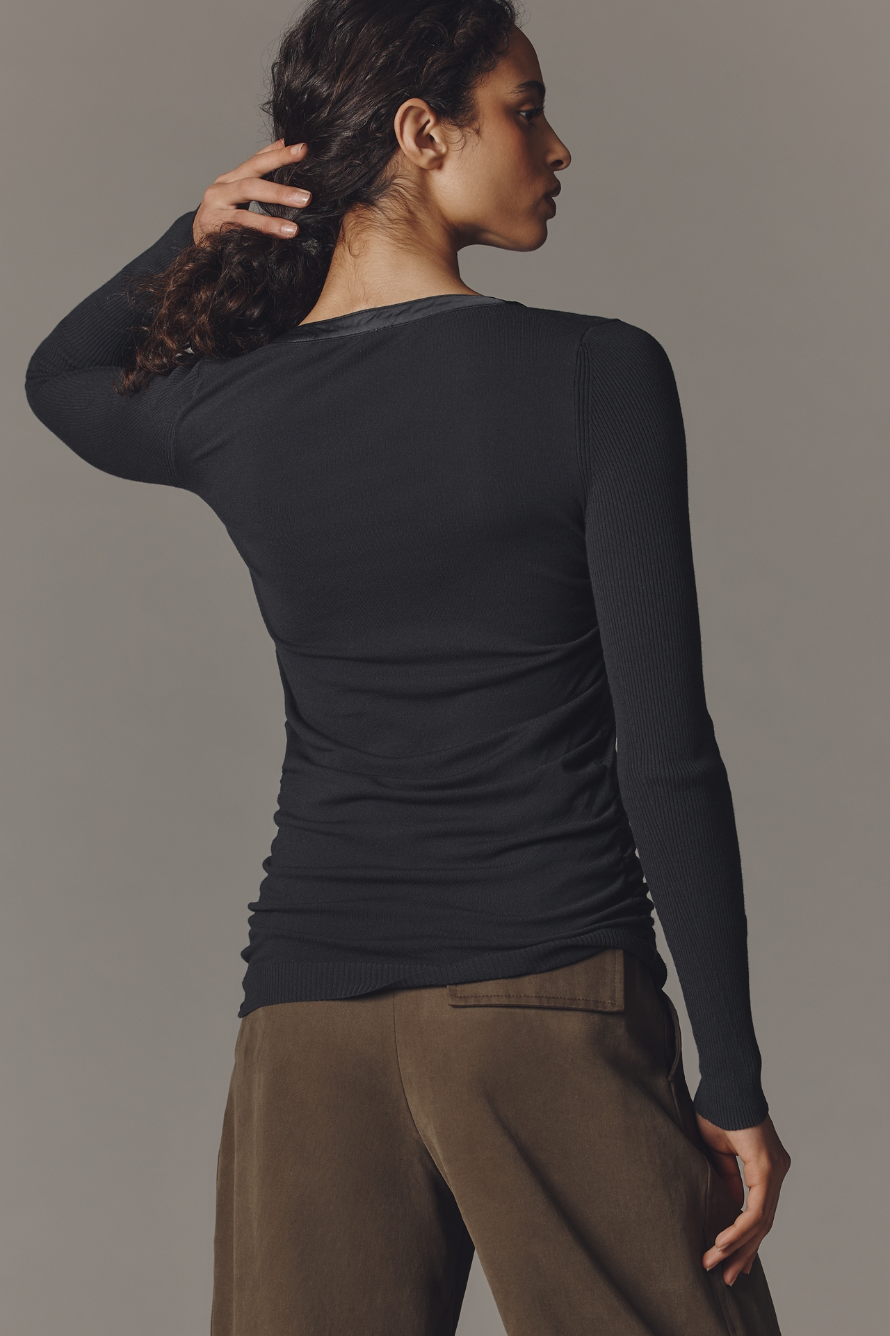 By Anthropologie Ruched Satin-Trim Henley Sweater