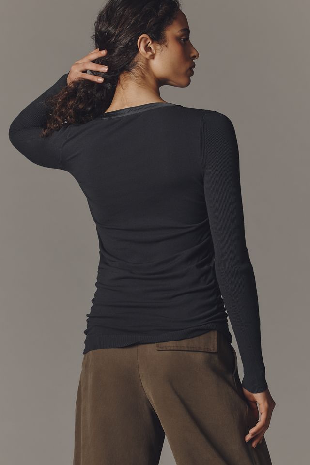 By Anthropologie Ruched Satin-Trim Henley Sweater #1