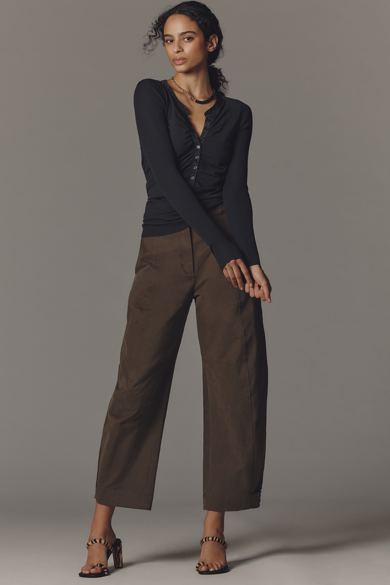 By Anthropologie Ruched Satin-Trim Henley Sweater