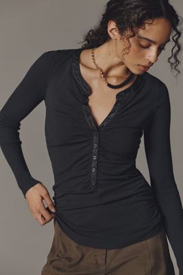 By Anthropologie Ruched Satin-Trim Henley Sweater