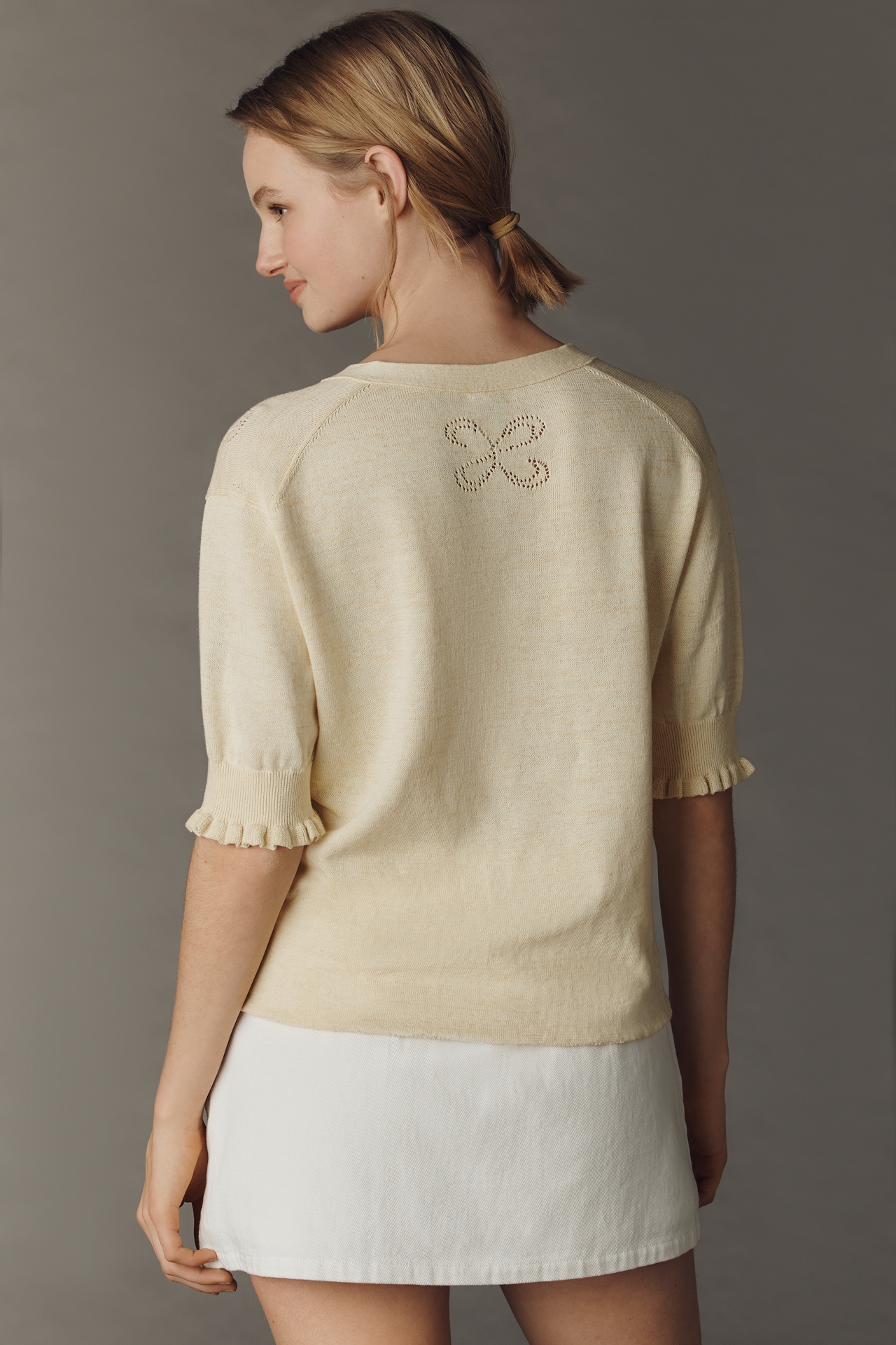Maeve Pointelle Short-Sleeve Cardigan Sweater
