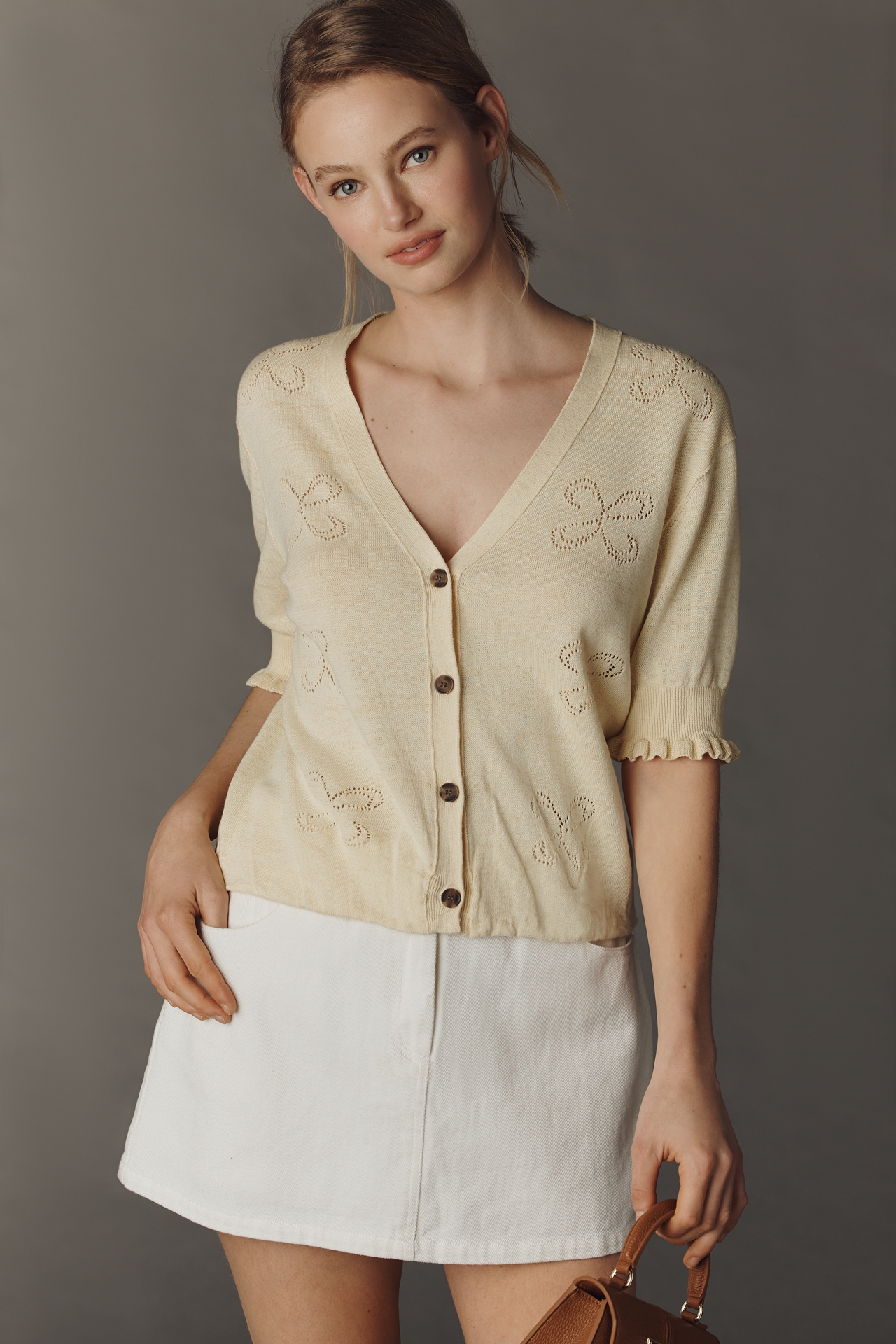 Maeve Pointelle Short-Sleeve Cardigan Sweater
