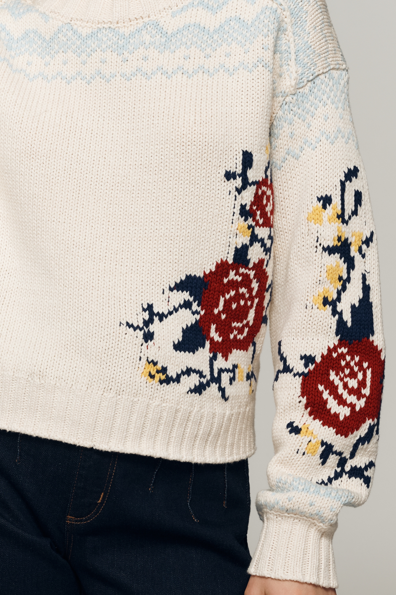 Maeve Cotton Long-Sleeve Boat-Neck Floral Fairisle Sweater