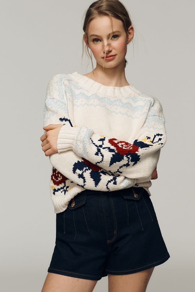 Maeve Cotton Long-Sleeve Boat-Neck Floral Fairisle Sweater