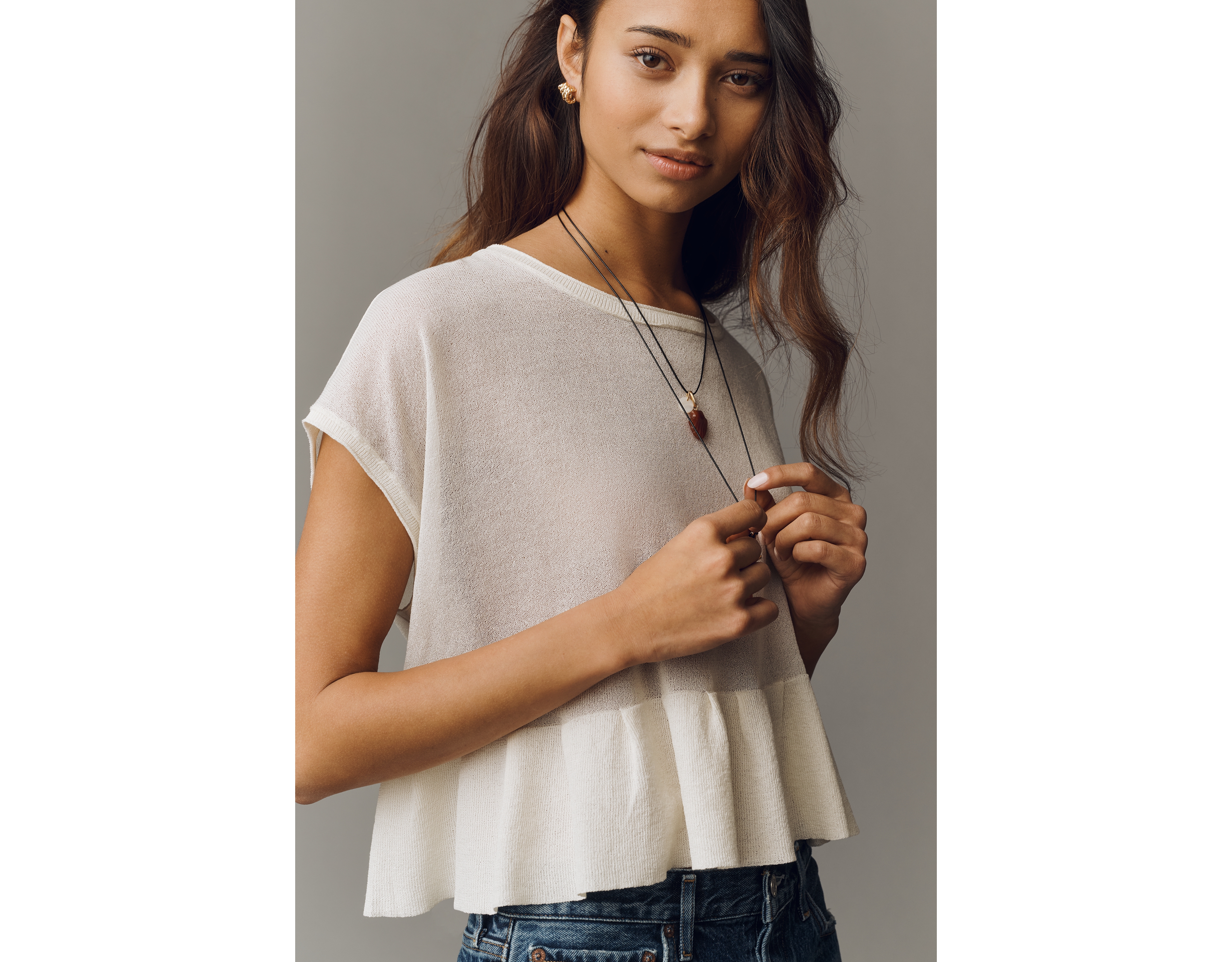 By Anthropologie Short-Sleeve Crew-Neck Ruffle Swing Sweater
