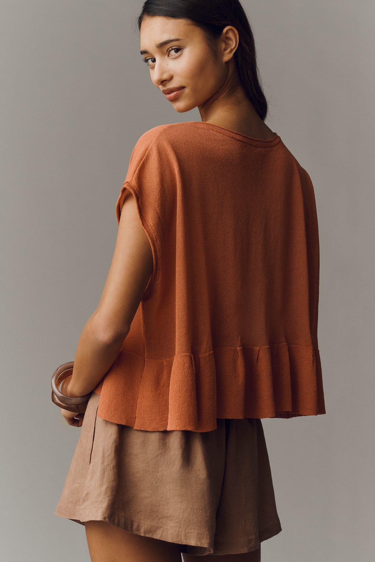 By Anthropologie Short-Sleeve Crew-Neck Ruffle Swing Sweater