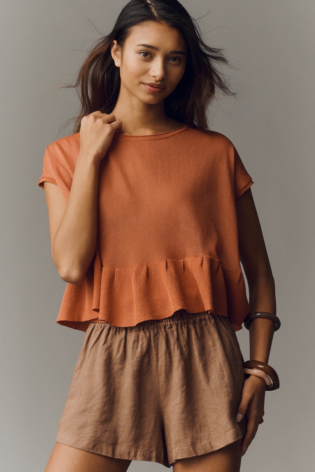 By Anthropologie Short-Sleeve Crew-Neck Ruffle Swing Sweater