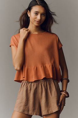 By Anthropologie Short-Sleeve Crew-Neck Ruffle Swing Sweater