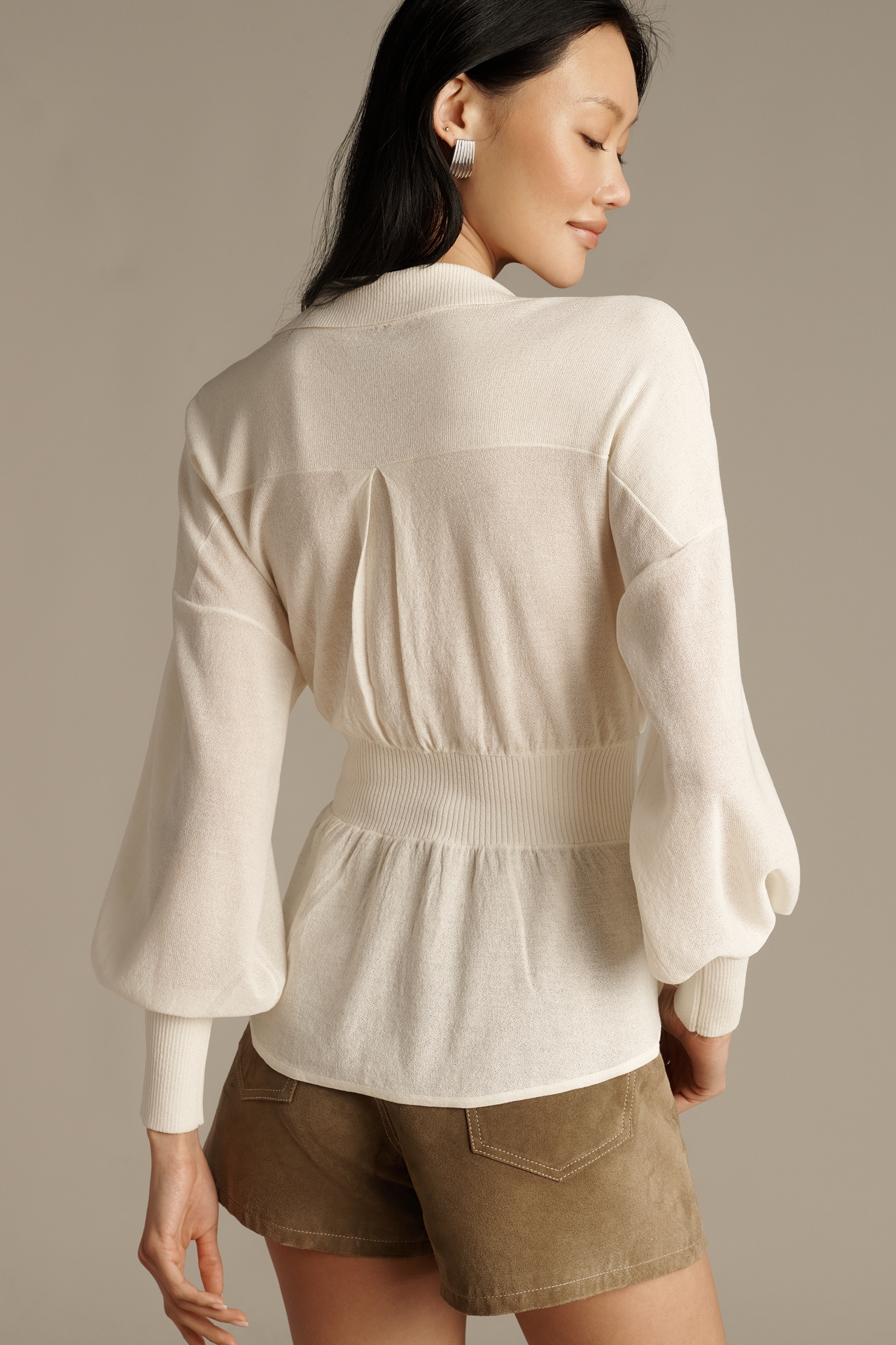 By Anthropologie Long-Sleeve V-Neck Waisted Sheer Sweater