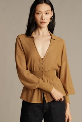 By Anthropologie Long-Sleeve V-Neck Waisted Sheer Sweater