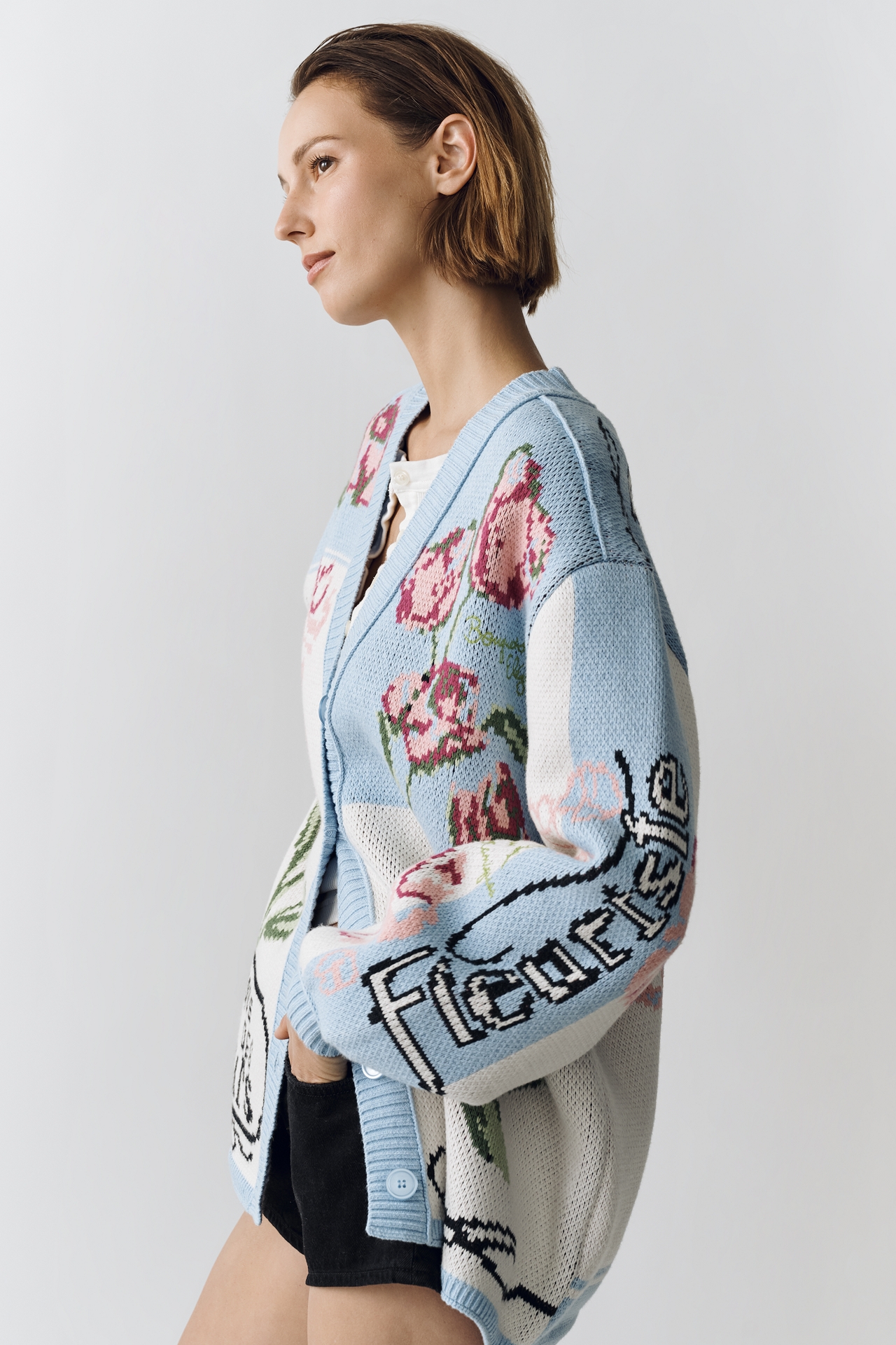 By Anthropologie Oversized Floral V-Neck Cardigan Sweater