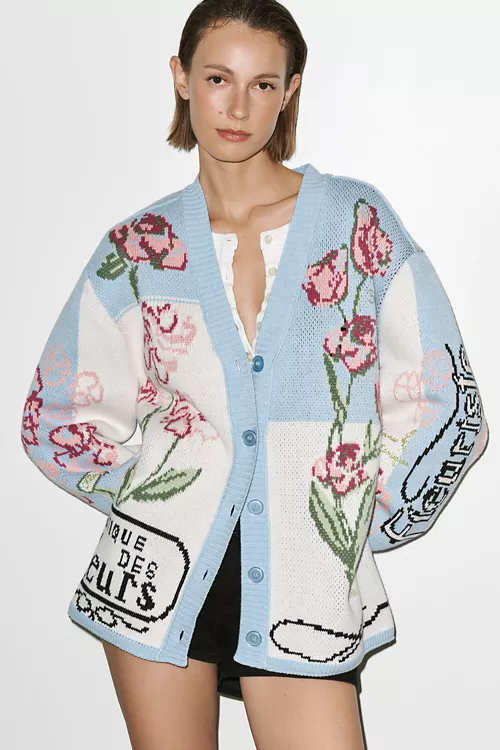 By Anthropologie Oversized Floral V-Neck Cardigan Sweater