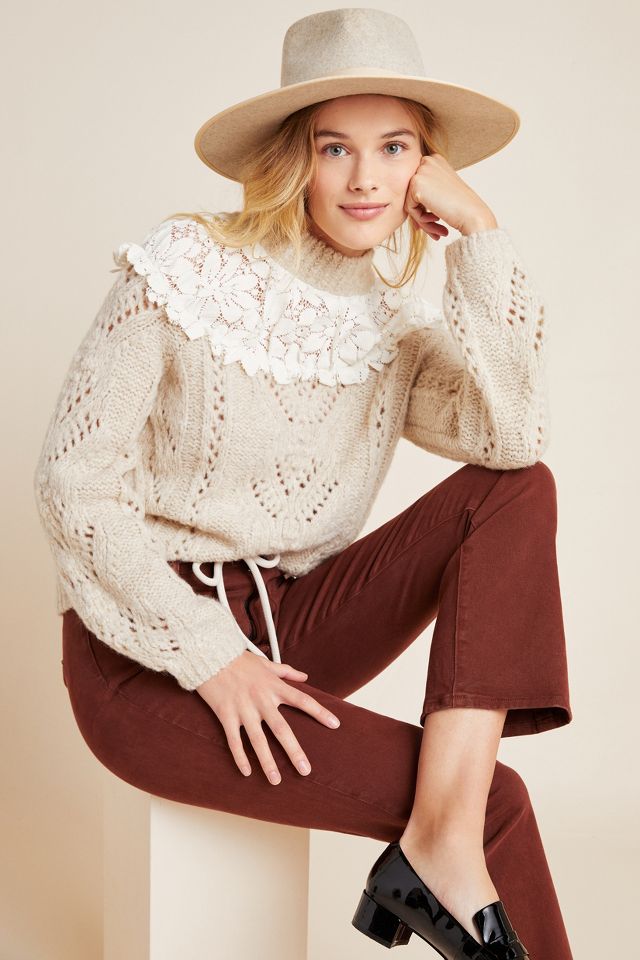  Guipure Lace Panel Pointelle Knit Sweater (Color : Gray, Size :  Medium) : Clothing, Shoes & Jewelry