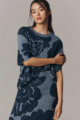 Marimekko Suloinen Pioni Linen Blend Short-sleeve Knit Top In Blue