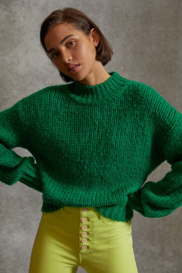 Green mock shop neck sweater