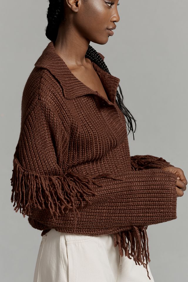 En Elly Collared V-Neck Fringe Sweater #2