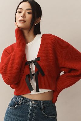 Shop By Anthropologie Rhea Bow-front Crop Cardigan Sweater In Red