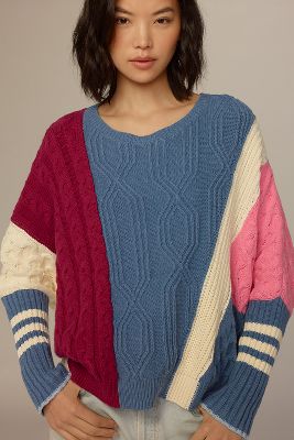 Shop Maeve Colorblock Cable Sweater In Pink