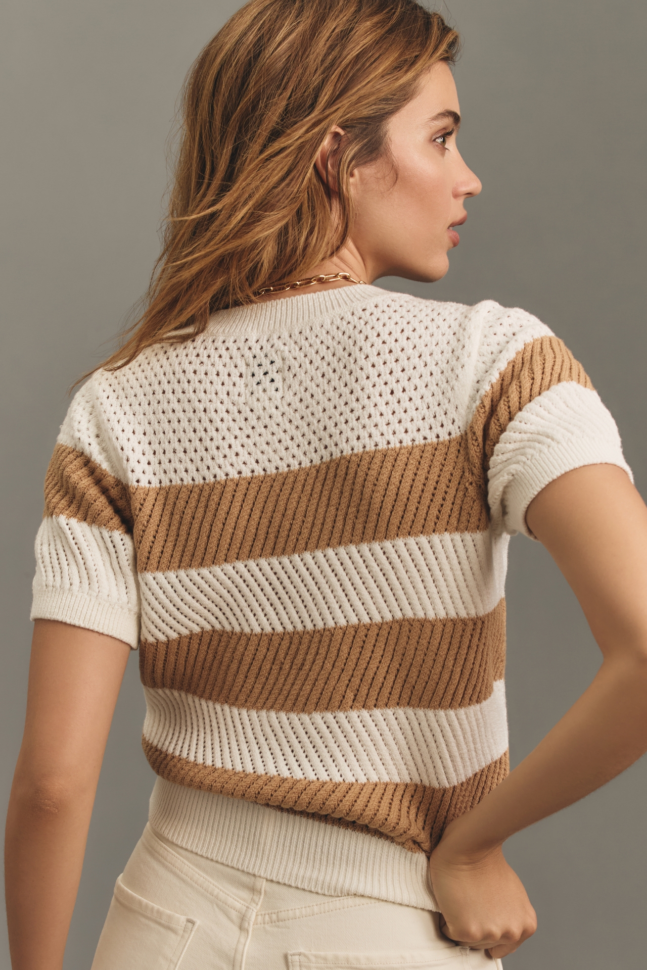 Maeve Short-Sleeve Open-Stitch Mesh Sweater