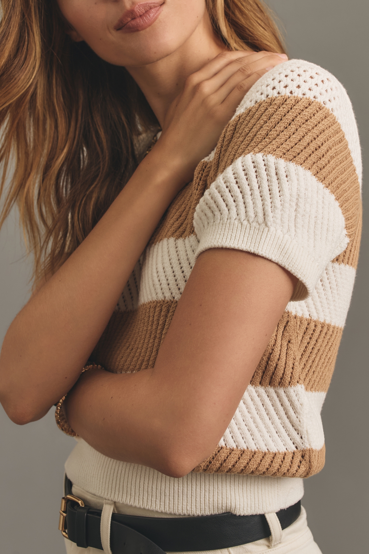 Maeve Short-Sleeve Open-Stitch Mesh Sweater